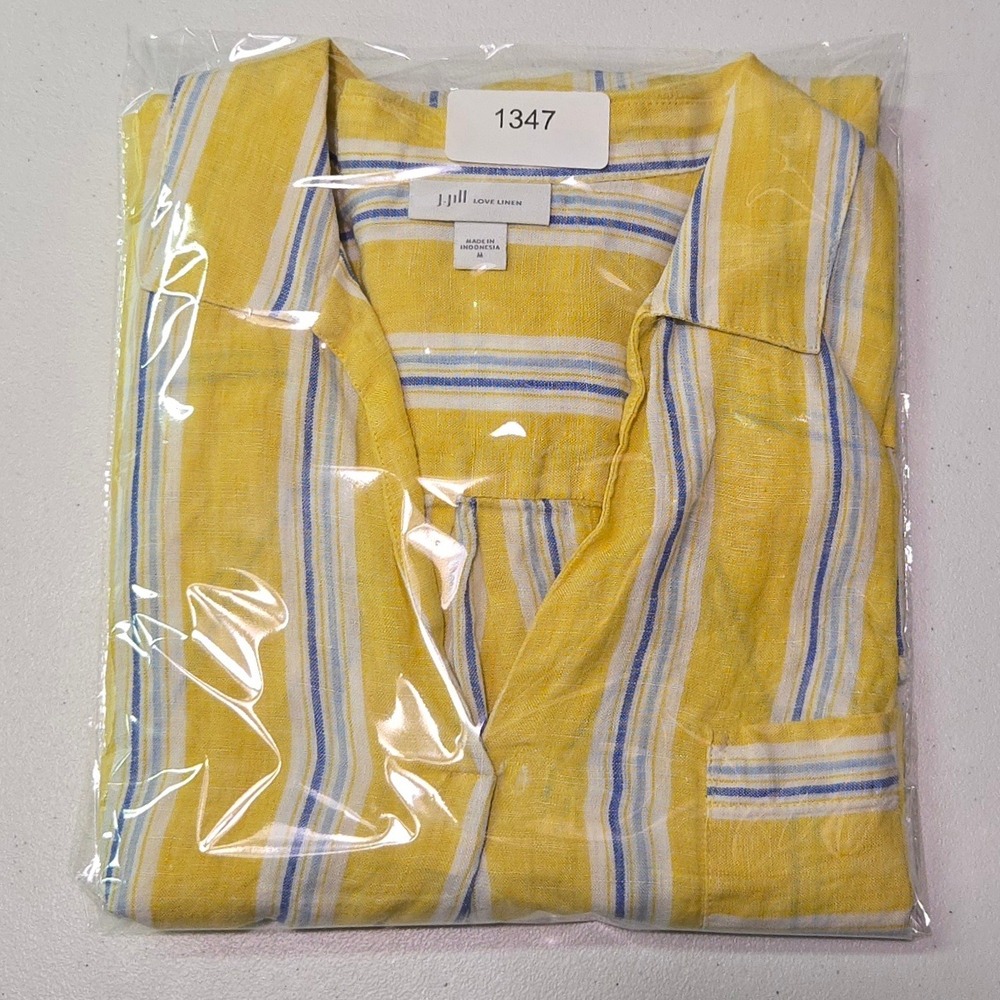 J. Jill Love Linen Tunic M Yellow Blue Stripe Coastal Mediterranean Popover - Picture 13 of 13
